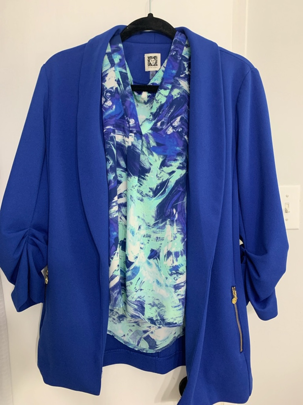 Blue Open-Front Blazer with Abstract Print Tank Blouse
